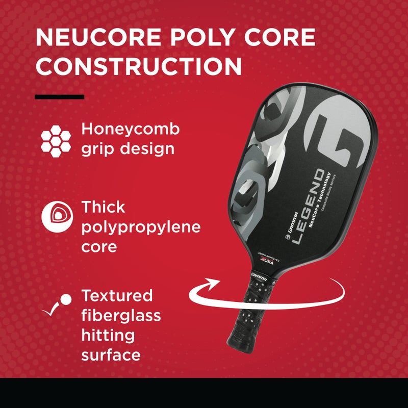 Gamma مضرب بيكلبول غاما سبورتس ليجند نيوكور، سطح مركب من الألياف الزجاجية ومقبض على شكل خلية نحل، ليجند فاينس - Image 3